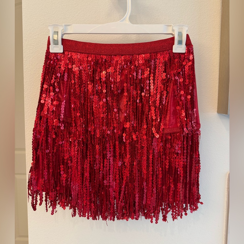 Red sequin fringe mini skirt